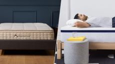An image of the DreamCloud mattress (left) and the Helix Midnight mattress (right)
